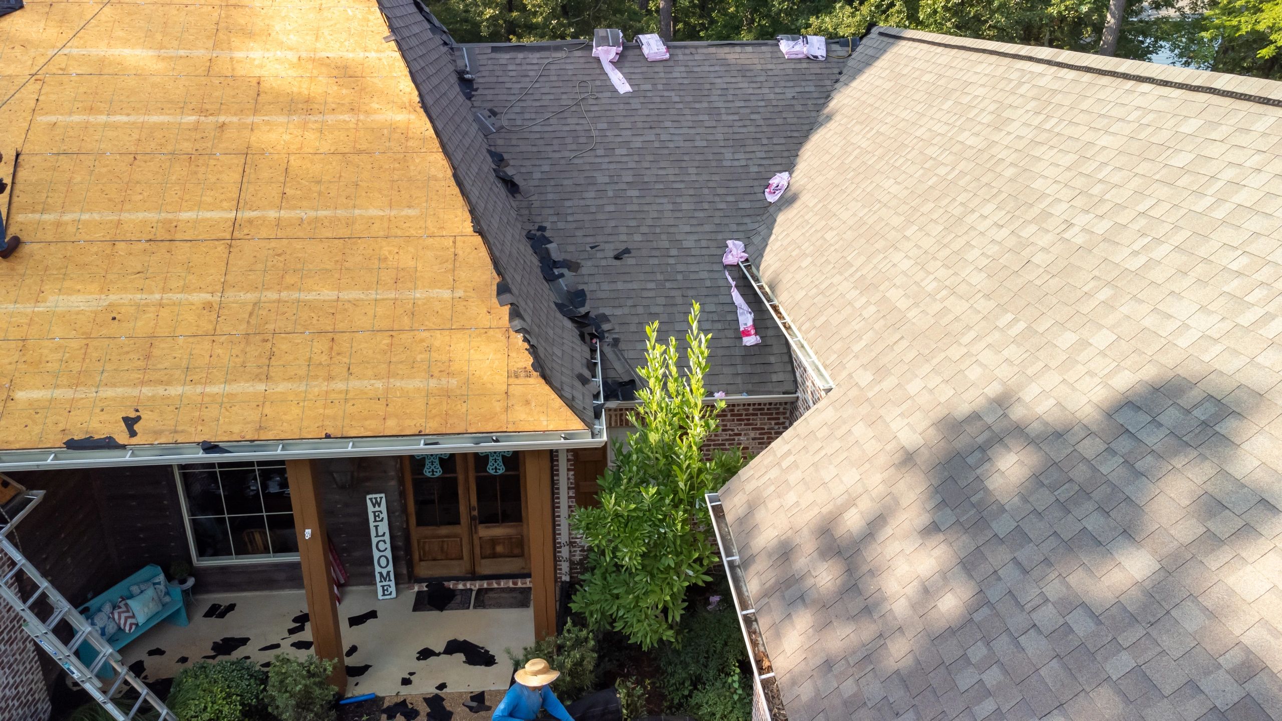 Residential roof construction aerial view