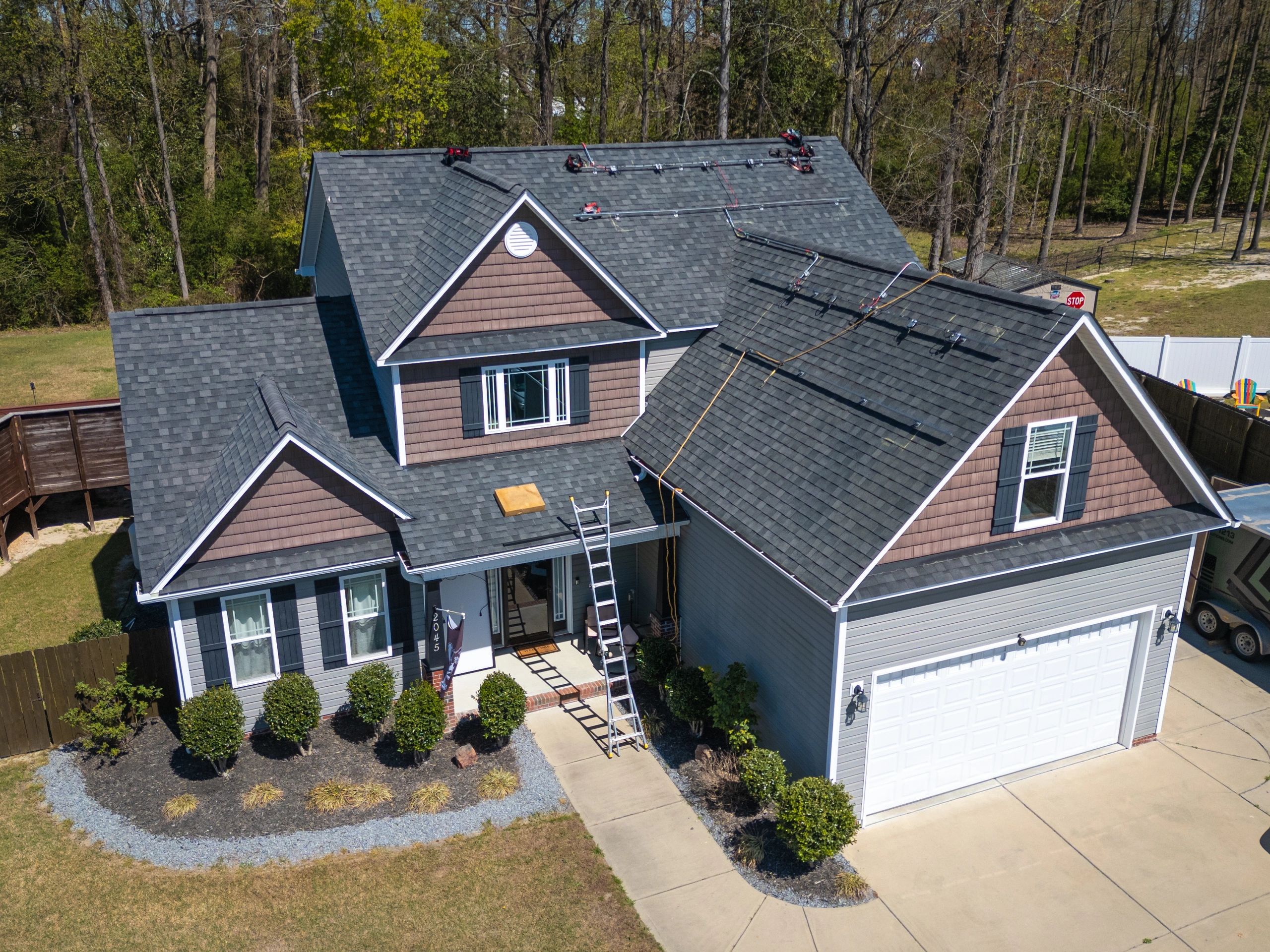 Residential roof aerial view with shingles
